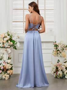 SHEIN Belle 女士雙肩頸褶皺細節高側開叉連衣裙，後綁帶空心藍色緞子浪漫成人伴娘裙 - 藍色 - 查看 2