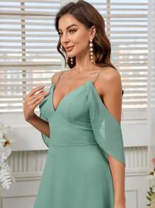 SHEIN Belle Elegant, Romantic And Elegant Women's Spring Wedding Season Spaghetti Straps High Waist Ruffle Sleeves Green Chiffon A-Shaped Umbrella Hem St. Patrick's Day Holiday Season Bridesmaid Dress
