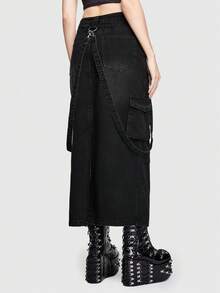 ROMWE Grunge Punk 女士可拆卸肩帶設計貨車牛仔裙 - 黑色 - 查看 6