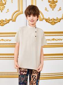 SHEIN Tween Boys' Loose Fit Cute Stand Collar Solid Weave Short Sleeve Shirt - Khaki - View 5