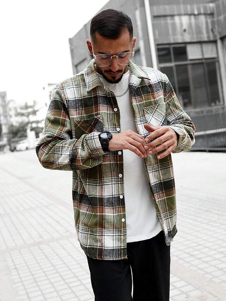Loose Men's Grid Pattern Shacket With Front Pockets
