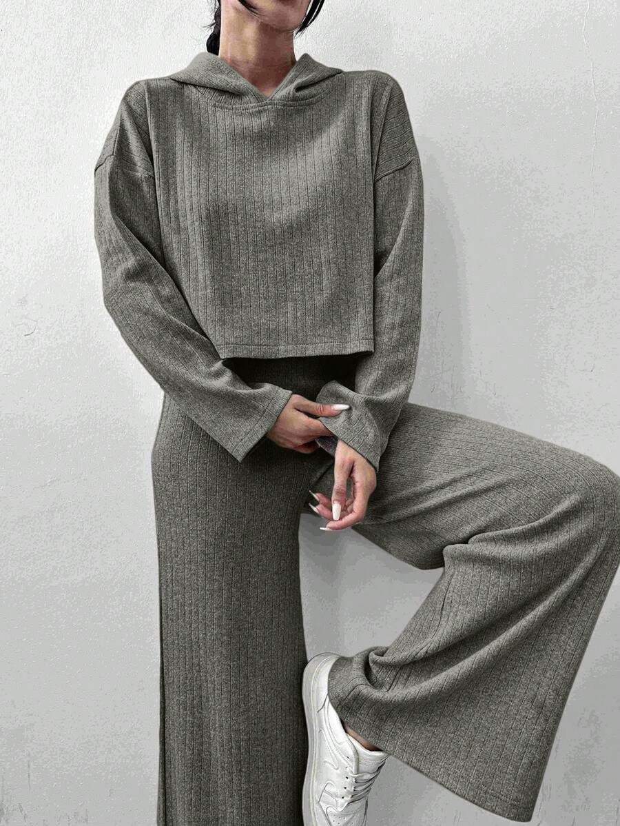 SHEIN PETITE Juego De Dos Piezas De Punto Acanalado De Color Sólido Para Mujeres - Verde militar - Ver 1