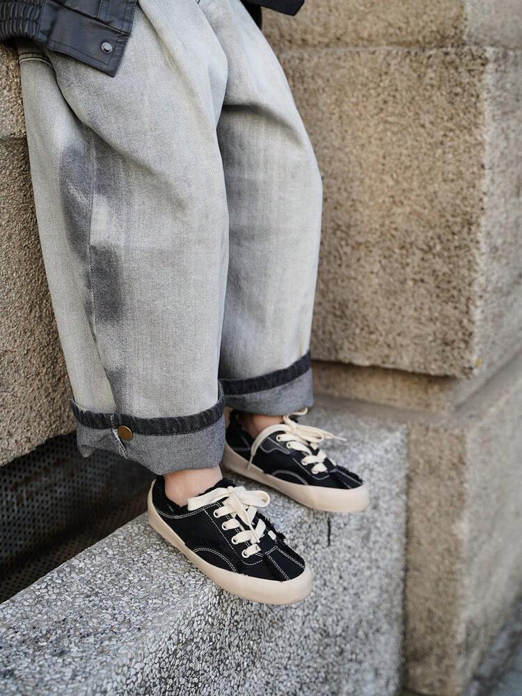 And Cool Street-Style Flat-Soled Boys' Raw-Edged Straps, Comfortable And Versatile Canvas Shoes