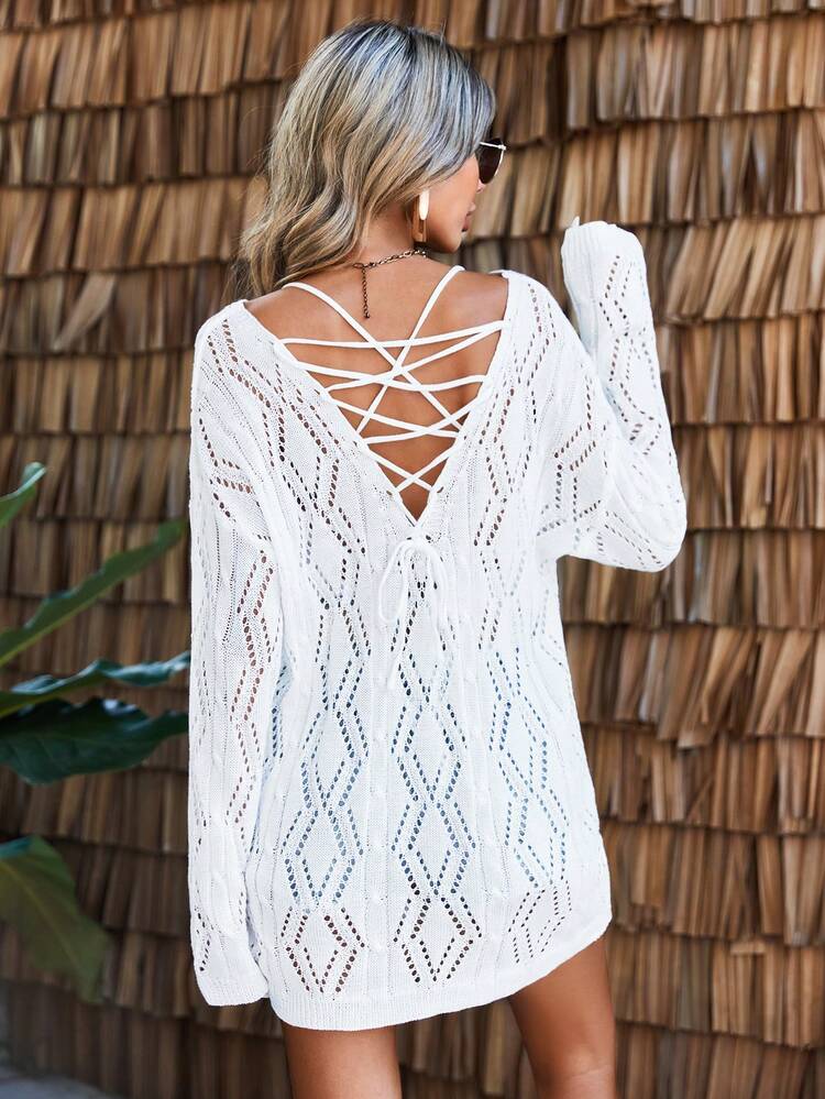 Women'S Two Pieces Set: Rib-Knit Sweater With Hollow Back Lace-Up Detail And Knitted Camisole Top Fall Cloth For Women