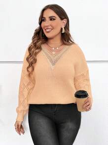 Franclia Plus Size Women's Lace Splice Drop Shoulder Pullover Sweater