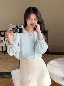 DAZY 單色褶皺長袖寬鬆v領女裝衣服 - 藍色 - 查看 5