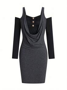 SHEIN LUNE Button Front Suspended Decor Two-In-One Dress - Black - View 1