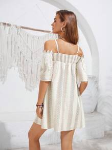 Chiquease Của phụ nữ Thêu Đính đá Rỗng Vai Sheath Đầm - Màu be - Xem 2