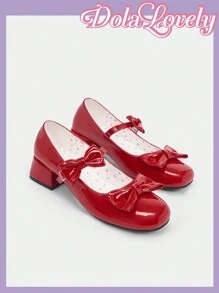 Dola Lovely Red Bow & Heart Shaped Mary Jane Shoes For Women, Lolita Style, Chunky Heel, Fashionable Lady High-Heeled Pump