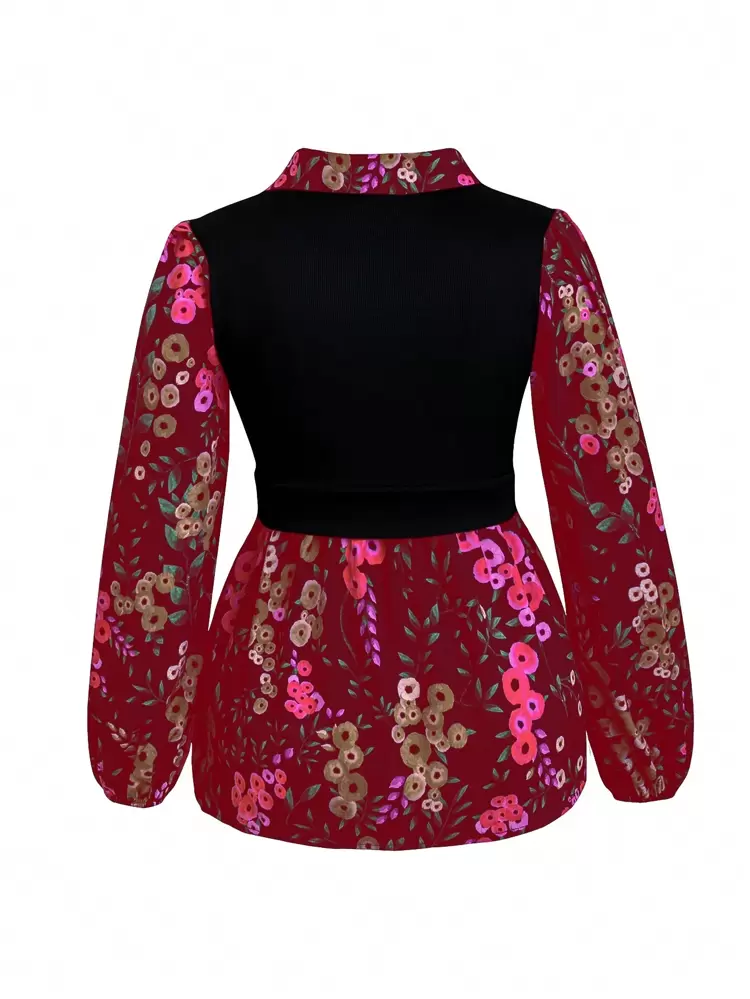 Plus Size Women's Floral Print Patchwork Sleeveless Top, Two-In-One Style