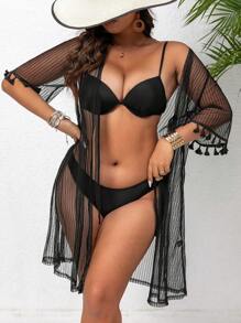 SHEIN LUNE Kích thước lớn Của phụ nữ Lưới Nối Sọc Tay áo Cổ tay áo Áo khoác - màu đen - Xem 6