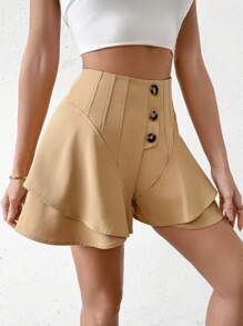 SHEIN LUNE Shorts De Pierna Ancha Con Botones Delanteros Para Mujer - Caqui - Ver 3