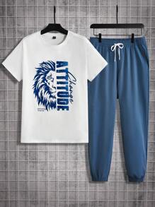 Mainfolk 男士大尺碼獅子和字母印花短袖 T 恤和短褲休閒 2 件套服裝 - 藍白色 - 查看 1