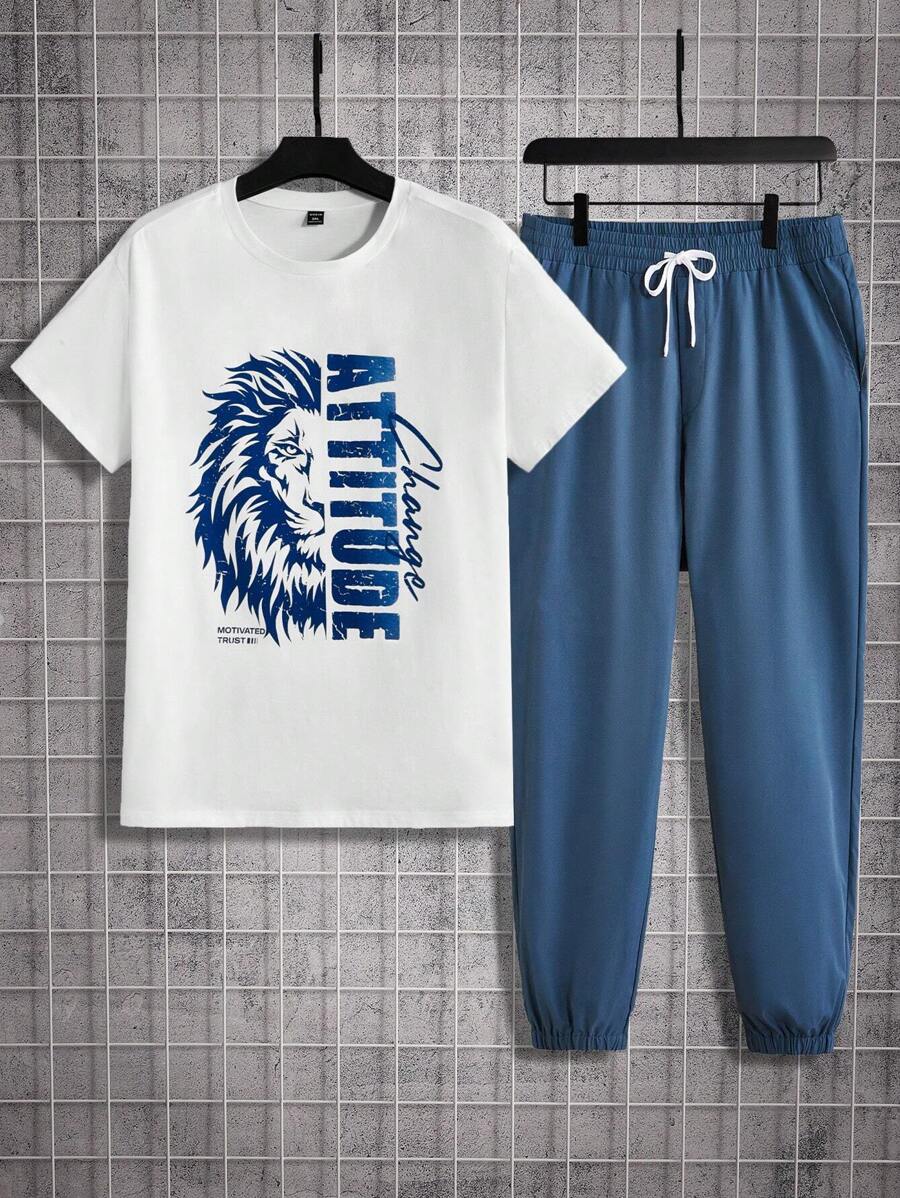 Mainfolk 男士大尺碼獅子和字母印花短袖 T 恤和短褲休閒 2 件套服裝 - 藍白色 - 查看 1
