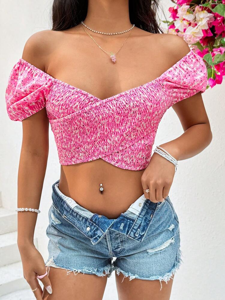 Cross Wrap Shirred Short Cut Blouse