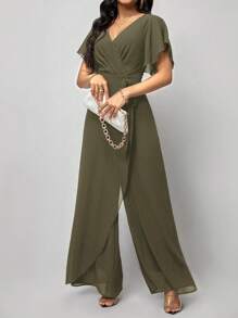 Amorya Women's Short Sleeve Wrap Front Jumpsuit With Flared Hem - Army Green - View 4
