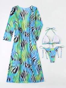 SHEIN Swim Mô hình ngựa vằn Cà vạt Bộ Bikini Có Kimono Che phủ Lễ hội hóa trang - Nhiều màu - Xem 6