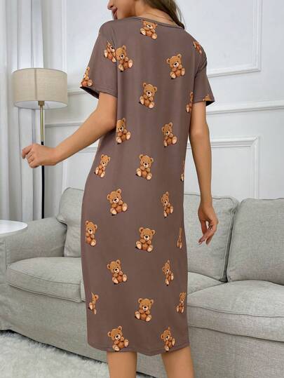 Bear Print Short Sleeve Pajama Night Dress Moo view 2