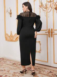 Modelyn Vestido De Manga Larga Con Cuello Redondo Y Encaje Para Mujeres Con Figura Ajustada Tallas Grandes - Negro - Ver 2