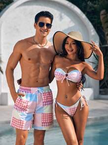 Manfinity VDAYZ Men's Plaid Drawstring Waist Swim Trunks - Red and White - View 1