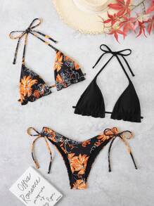 SHEIN Swim Summer Beach 3pcs/Set Floral Print Separable Bikini Set - Orange - View 3