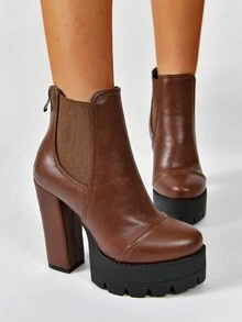 秋冬女高跟及踝長短靴黑色靴子冬季保暖短靴粗跟拉鍊後背戶外短靴 - 酒紅色 - 查看 5