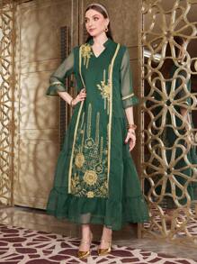 Al Najma 女士优雅对比色网眼刺绣 Jalabiya 长袍连衣裙，带荷叶边下摆，优雅奢华晚会风格 - 墨綠色 - 查看 5