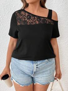 SHEIN LUNE Kích thước lớn Bất đối xứng Đường viền cổ áo Áo thun Với Chèn Lace - màu đen - Xem 6
