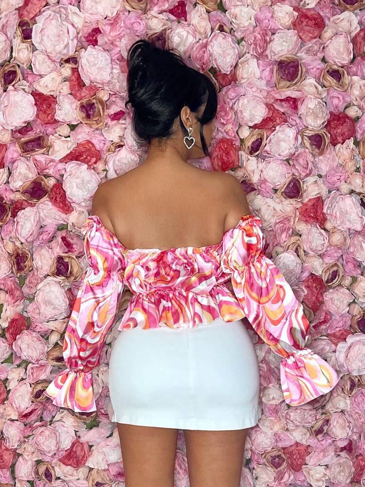 Women's Valentine's Day Off-Shoulder Bubble Sleeve Wave Color Block Floral Print Shirt
