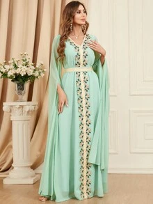 Women's Super Long Sleeve Embroidered Trim Patchwork Dress - Green - View 5