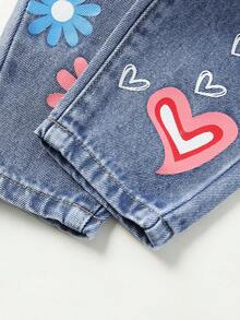 Jeans Imprimé Avec Motif Cœur Et Fleur Pour Les Filles En Bas Âge - Jean bleu - Voir 3