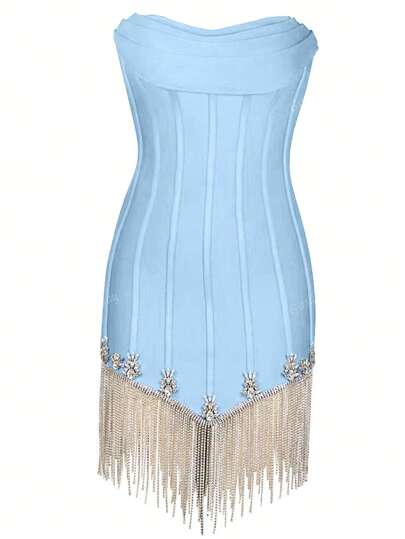 Girsdy Light Blue Knitted Bustier Ruched Backless Pleated Dress With Silver Decor Chain Tassel, Women Summer Party Evening Cocktail Mini Skirt