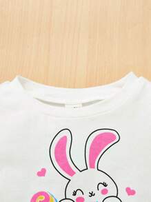 SHEIN Baby Girl Easter Cute Cartoon Pattern Short Sleeve Ruffle Top And Flared Pants Set