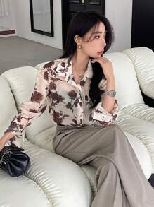 DAZY Camisa De Manga Larga Holgada Con Estampado Floral Para Mujer Con Cuello Vuelto Y Botones - Marrón - Ver 3