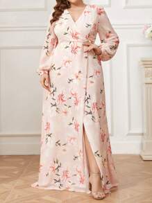SHEIN Belle Plus Size Women's Floral Print Split Bridesmaid Dress - Multicolor - View 4