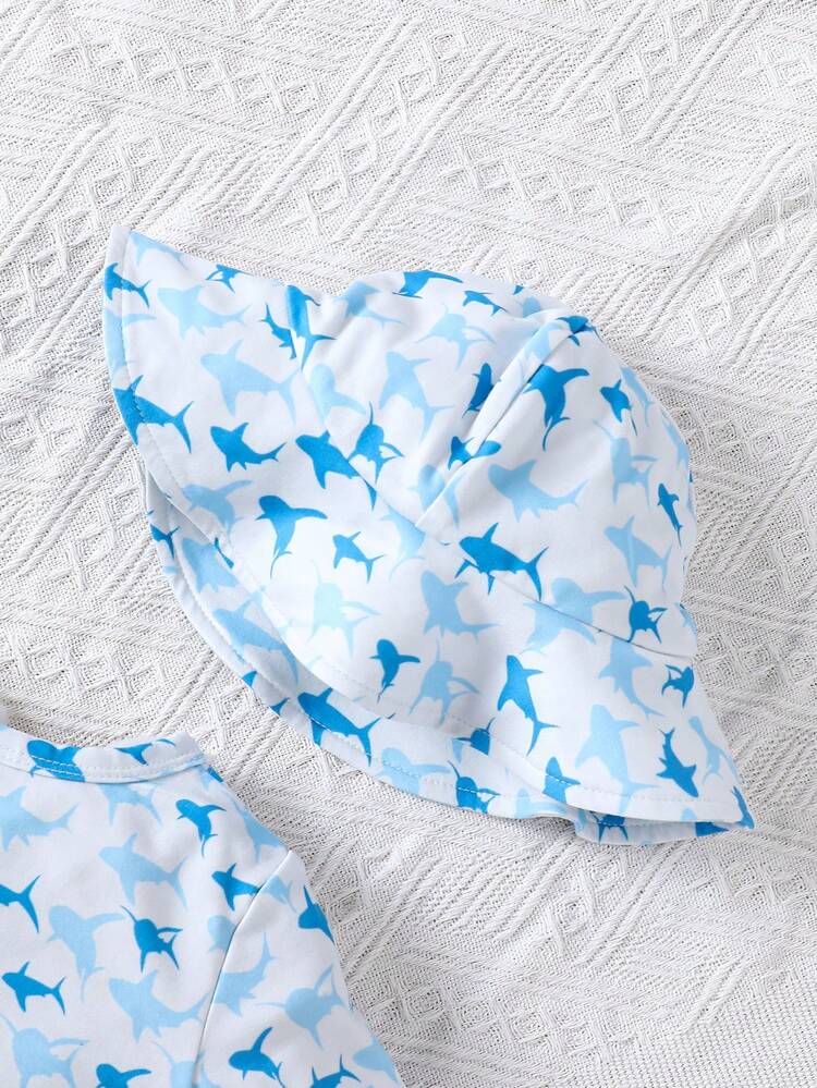 Infant Boys' Casual Shark Print Short Sleeve Jumpsuit For Daily Summer Wear