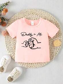 SHEIN Playful Pals Baby Girl Cute Letter Fist Printed Short Sleeve Top - Pink - View 1