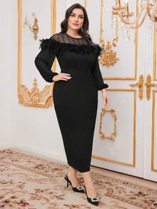Modelyn Vestido De Manga Larga Con Cuello Redondo Y Encaje Para Mujeres Con Figura Ajustada Tallas Grandes - Negro - Ver 6