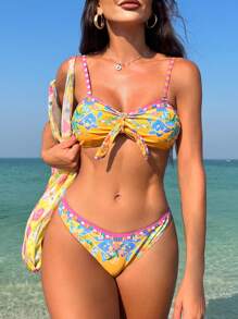 SHEIN Swim Summer Women's Full Print Cami Neck Bikini Set With Knot Music Festival - Multicolor - View 2