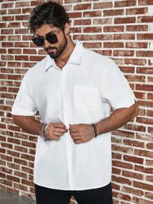 Manfinity Homme Men's Plus Size Solid Colored Short Sleeve Shirt, Plain Button Dress Shirt, For Going Out - White - View 5