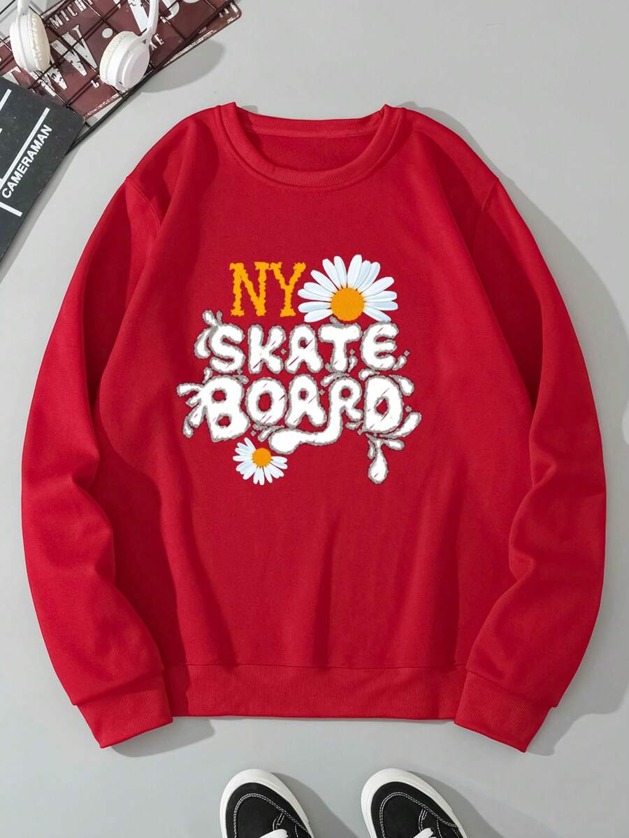 Nam Kích thước lớn Slogan & In hoa Cúc Ấm áp Lót Áo chui đầu Áo nỉ - Đỏ - Xem 1