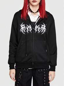 ROMWE Grunge Punk 女款開衫拉鍊連帽 - 黑色 - 查看 2