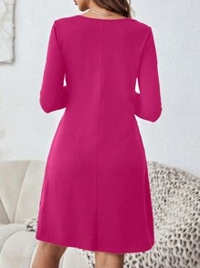 SHEIN LUNE 女士圓領釦紐細節連身裙 - 玫紅色 - 查看 2