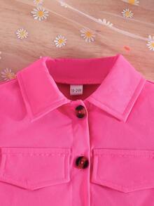 3入組嬰兒女孩翻蓋設計短袖衣，3D蝴蝶裝飾網紗裙和背心上衣套裝 - 玫紅色 - 查看 7