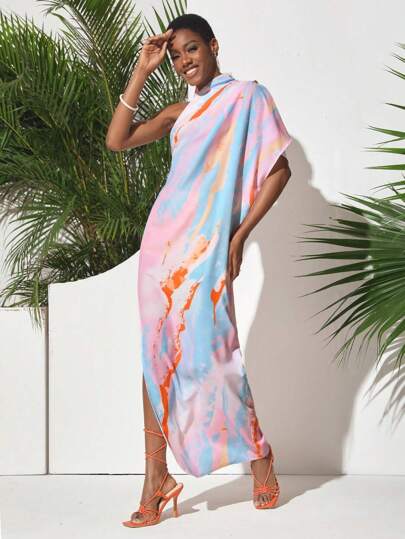 Shwetha Anand Designs 设计师波西米亚风波西米亚风柔和大理石不对称领口连衣裙，太阳裙夏季优雅连衣裙，适合节日、派对、度假、生日服装、海滩、节日、伊比沙岛装扮、婚礼舞会礼服