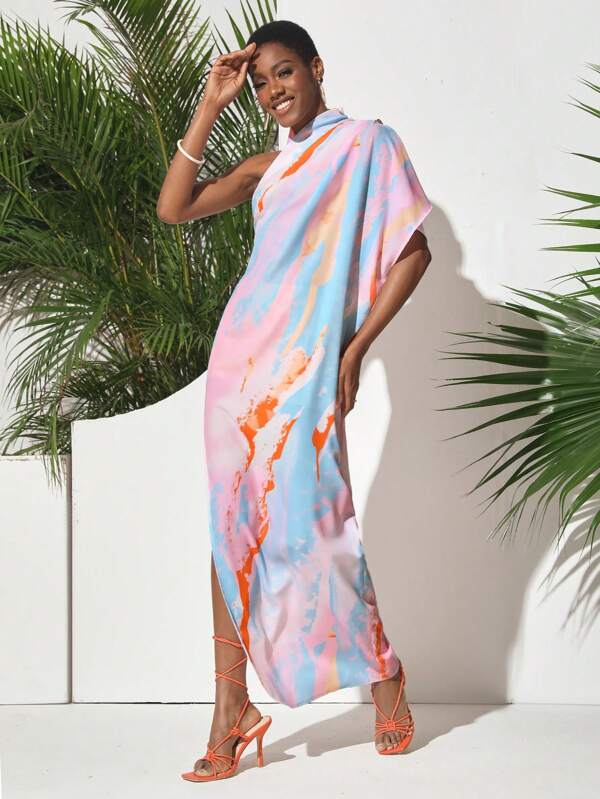 Shwetha Anand Designs Designer Boho Bohemian Pastel Marble Asymmetrical Neck Dress, Sundress Summer Elegant Dress Outfit, For Holiday, Party, Vacation, Birthday Outfits, Beach, Festival, Ibiza Fits, Wedding Prom Dress
