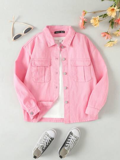 SHEIN 青少年女孩纯色长袖口袋设计休闲牛仔衬衫，秋季时尚