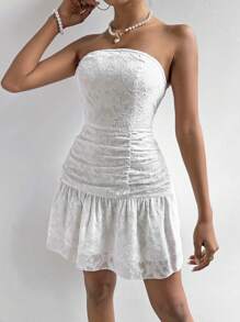 Chiquease Damski Żakard Pofałdowany Bez ramiączek Sukienki - Biały - Zobacz 4