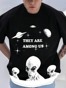 Manfinity Homme Men'S Alien Slogan Print T-Shirt - Black - View 3