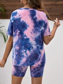 SHEIN Maternity Tie-Dye Top With Adjustable Waist Short Set - Black - View 2